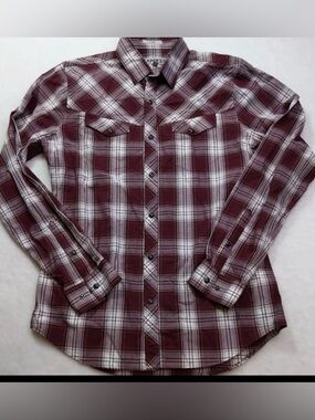 Express Burgundy/ White Long Sleeve Pearl Snap Fitted Plaid Shirt Sz(S)